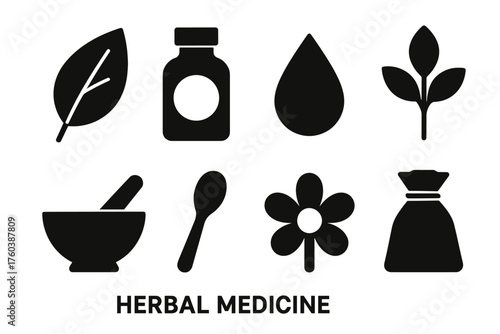 Herbal medicine icons: leaf, flower, mortar, bottle, spoon, tea bag