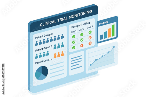 Clinical trial monitoring dashboard with patient groups and progress tracking