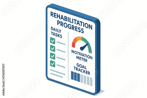 Rehabilitation progress tracker with daily tasks, motivation meter, and goal tracker displayed