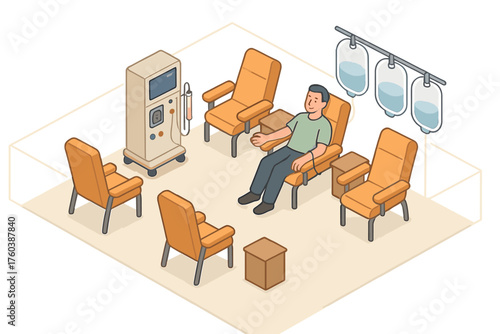 Asian male adult receiving medical treatment in modern hospital room