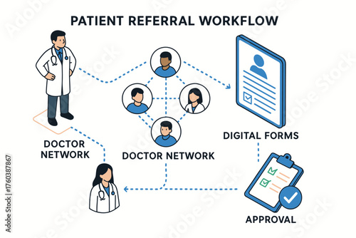 Patient referral workflow diagram with doctor network and digital forms approval process