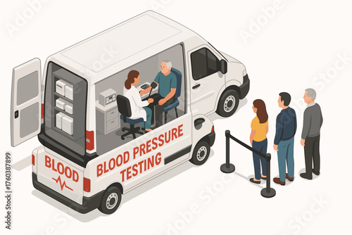 Mobile blood pressure testing van with diverse adults receiving health checkups