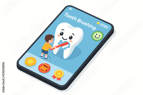 Young boy engaging in fun tooth brushing game on educational app