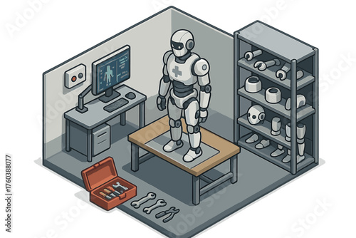 Robot assembling workshop with tools and future technology components