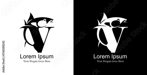Tuna fish logo design combined with the letter V