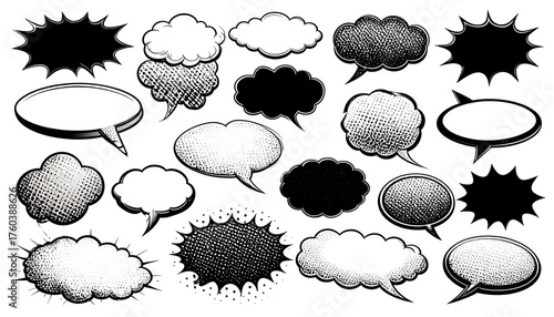 Assortment of speech bubbles and thought balloons in various shapes and artistic styles. Some are filled with a textured pattern