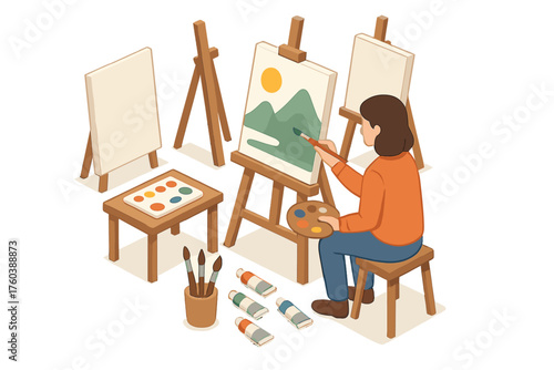 Young asian female artist painting in studio with easel and canvas