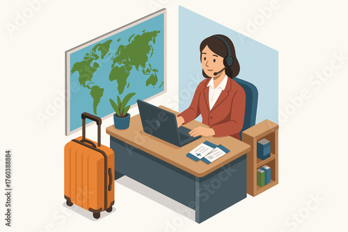 Female travel agent working on laptop at desk with suitcase and world map