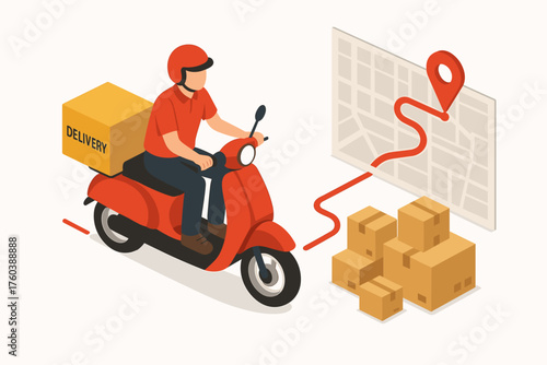 Delivery person on scooter navigating map to deliver packages