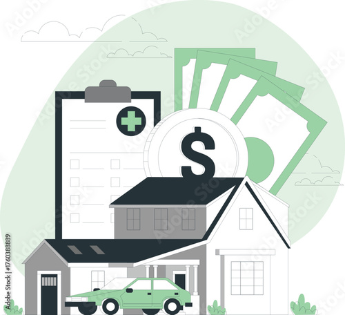 Financial planning for home car and medical expenses with insurance and cash Keywords: finance, money, house, car, medical, insurance, cash, dollar, coin, healthcare, home, loan, mortgage