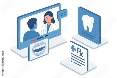 Online dental consultation with a female dentist and dental health icons