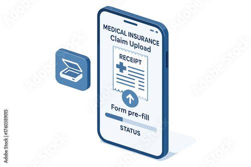Mobile medical insurance claim upload interface with form pre-fill option