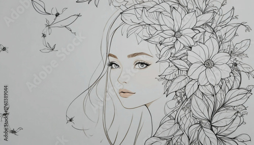 Minimalist line drawing of female portrait merging with floral leaves, contemporary vector art Ai generate 