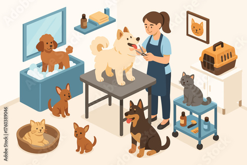 Female groomer cares for diverse dogs and cats in pet spa