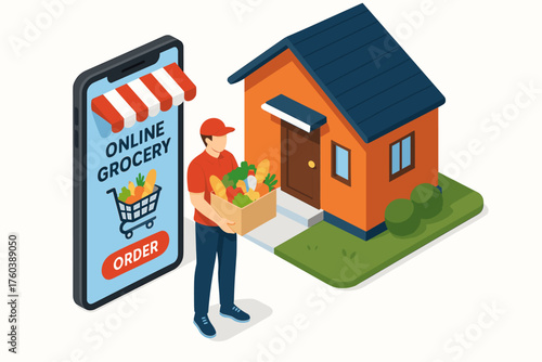 Male grocery delivery worker bringing order to home in online shopping concept
