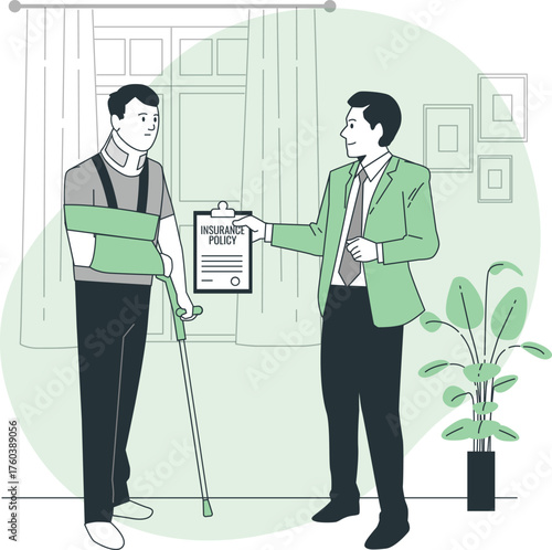Injured man with crutch and arm sling receives insurance policy from agent Keywords: injury, insurance, policy, agent, man, injured, crutch, arm sling, medical, healthcare, accident, claim