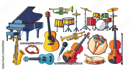 Vibrant collection of diverse musical instruments, including piano, guitar, drums, and saxophone, for music-related designs and creative projects