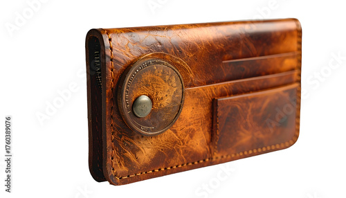 Brown leather wallet with a circular button closure, aged look