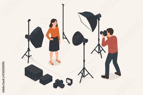 Professional photoshoot scene with photographer and female model