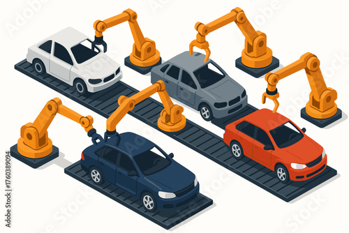 Automated robotic arms assembling cars on production line in factory setting