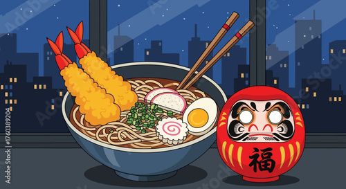 Warm Japanese Noodle Soup Feast Golden Shrimp Tempura and Lucky Daruma Doll with City Night Lights Illustration