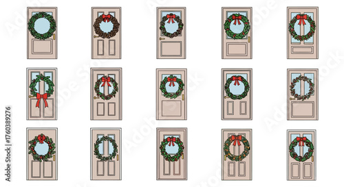 Collection of festive holiday wreaths adorning closed wooden doors
