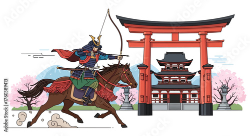 Galloping samurai archer on horseback, embodying ancient Japanese culture with a torii gate, temple, and blossoming cherry trees