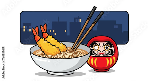 Udon Noodle Soup with Tempura Shrimp and Daruma Doll Illustration
