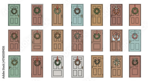 Colorful assortment of residential front doors, each adorned with a unique Christmas wreath for holiday greetings