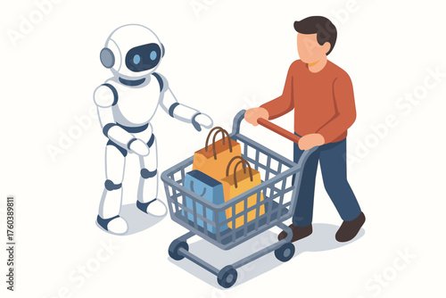 Male shopper assisted by robot while pushing cart full of shopping bags