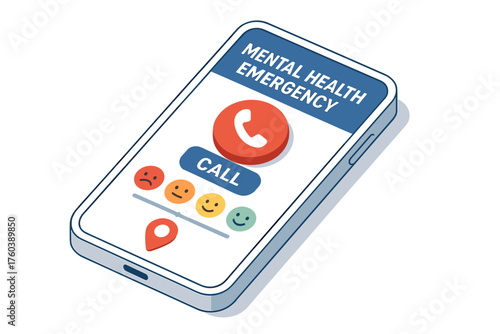 Mental health emergency contact: call for support with mood indicator on smartphone screen