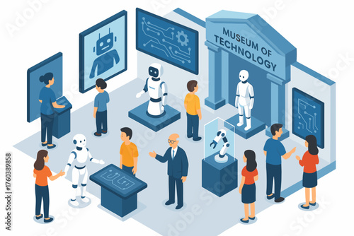 Museum of technology exhibit with robots and diverse visitors interacting