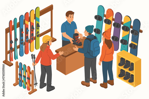 Young adults shopping for winter sports gear in ski shop with snowboards and equipment