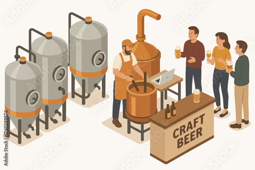 Isometric craft beer brewing scene with brewers and tasting group