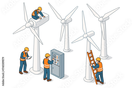 Isometric illustration of diverse male technicians working on wind turbines