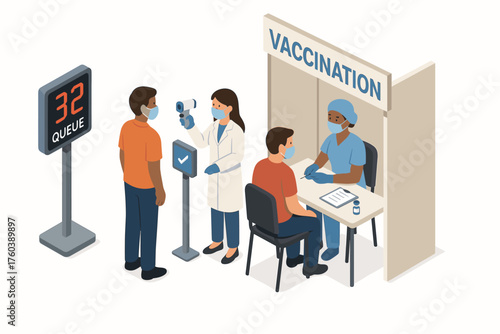 Vaccination queue: diverse adults receiving covid-19 vaccine in medical setting