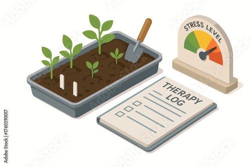 Gardening for stress relief: young plants, therapy log, and stress meter