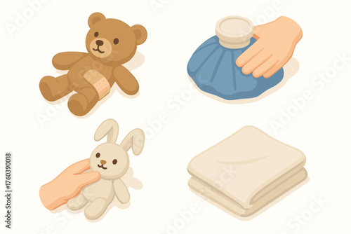 Teddy bear and bunny comfort objects with ice pack and blanket illustrations