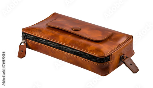 Brown leather pouch with zip closure and buttoned flap detail
