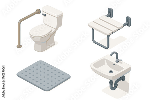Accessible bathroom features: toilet, grab bar, shower seat, sink, and non-slip mat