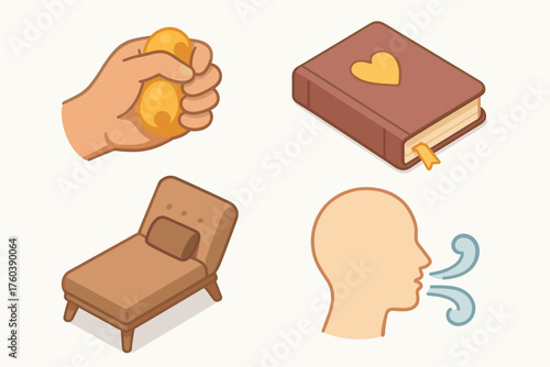 Illustrations of stress ball, heart-embossed book, sofa, breathing head