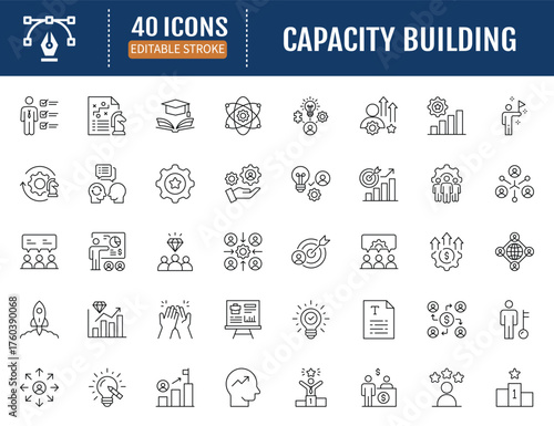Capacity building line icon set. Includes goal,
training, skill, knowledge, growth, develop, learn
and more. Vector Illustration with Editable
Strokes