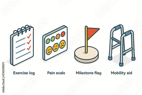 Icons for exercise log, pain scale, milestone flag, and mobility aid