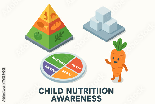 Child nutrition awareness: healthy eating with food pyramid and carrot character