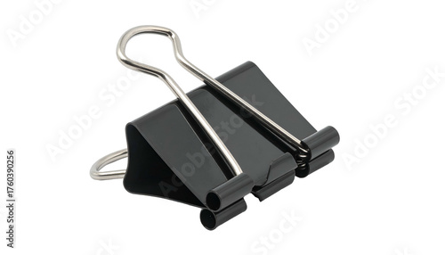 Black binder clip with silver handles, isolated on black