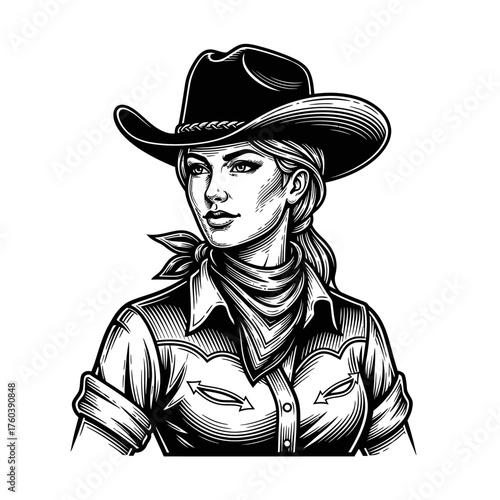 Black and White Engraving of a Fierce Cowgirl Sporting a Cowboy Hat and Bandana, Evoking a Vintage Western Aesthetic