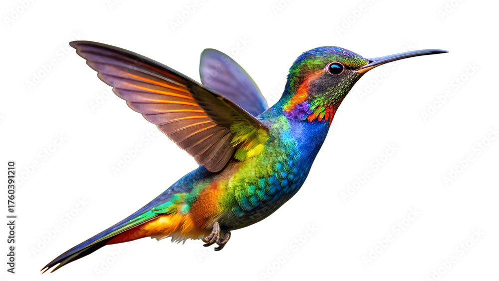 Obraz premium Vibrant rainbow hummingbird in flight against a black background with wings spread wide