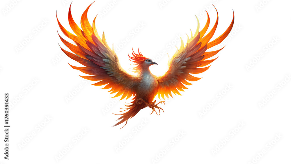 Fototapeta premium Majestic fiery phoenix bird with outstretched wings in flight against a dark black background