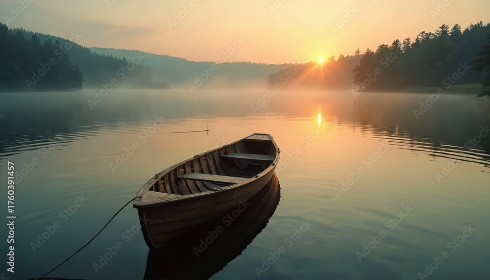 Obraz premium Empty wooden rowboat floats on calm lake surface at sunrise. Gentle mist rises from water in forested hills. Sun rays break through sky, reflecting on water.