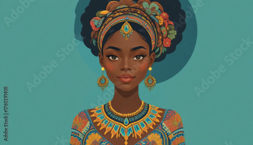 Elegant African woman wearing traditional jewelry, cute expression, colorful flat vector design Ai Generate 